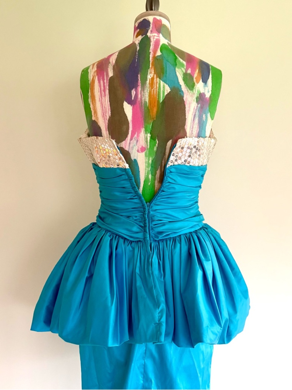 🐬VINTAGE 80s Alyce Designs Sequin Taffeta Peplum Prom Gown Dress - Picture 8 of 11
